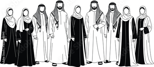 Middle Eastern attire illustration, traditional clothing, cultural dress, men and women, black and white, modest fashion, Islamic style, group portrait