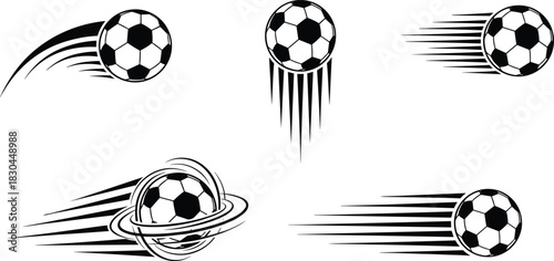 Soccer ball motion icons, speed lines, dynamic football graphics, black and white, sports energy, stylized movement, vector, spinning ball