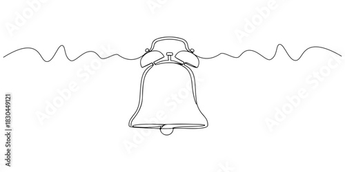 Continuous one line drawing of alarm bell, symbolizing urgency and time, line art style vector illustration.