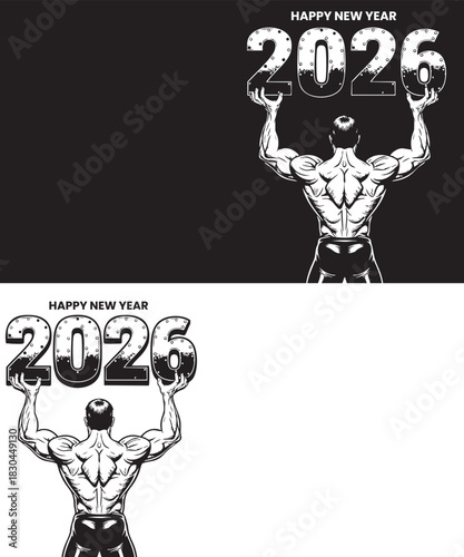 Happy new year 2026 vector illustration design concept of bodybuilder lifting number. Best for banner, greeting card, and graphic design projects to celebrate new year. Can be useful for fitness