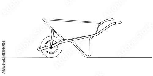 Continuous one line drawing of wheelbarrow, symbolizing labor and nature, line art style vector illustration.