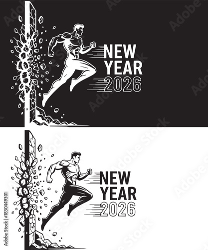 Happy new year 2026 celebration vector illustration showcasing muscular bodybuilder holding up large metallic numbers on black background