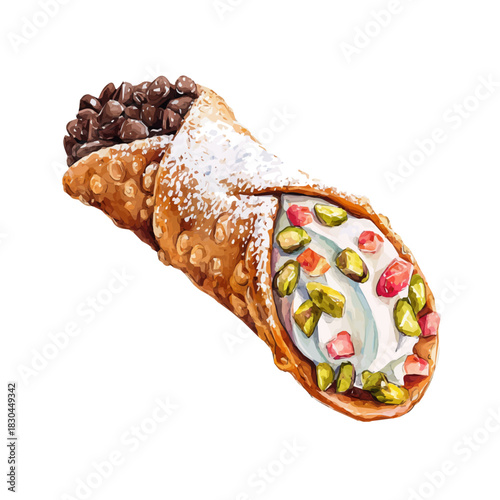 Cannoli illustrated in isometric watercolor style, isolated on white.
