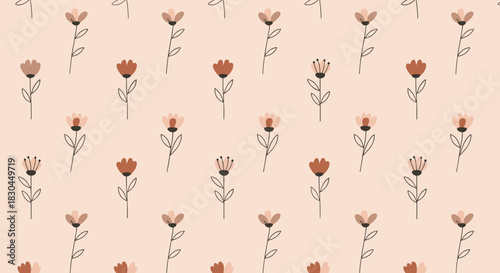 A charming seamless pattern featuring simple, stylized flowers in warm earthy tones and soft blush pinks on a delicate peach background.