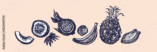Exotic fruits. Chalk abstract set. Tropical food
