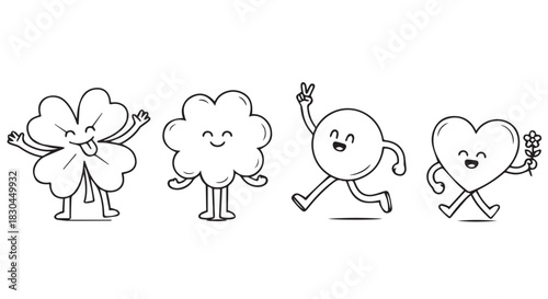 Quirky Cartoon Character Lineup Featuring a Lucky Clover, Fluffy Cloud, Bubbly Ball, and Lovable Heart on a White Background