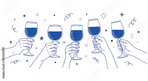 Stylized celebratory illustration of five hands holding wine glasses with blue wine and confetti on a white background