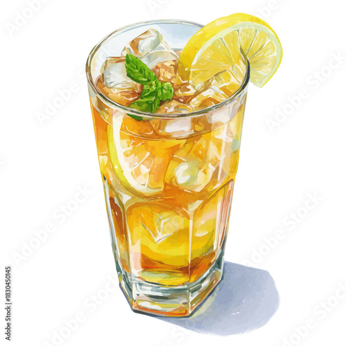 Lemon Iced Tea in detailed isometric watercolor art, isolated on a pure white backdrop.