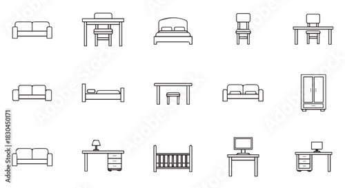 Line Art of Furniture Set Including Sofas, Beds, Chairs, Tables, Wardrobe, Desks, and Crib for Interior Design