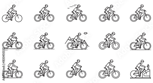 Vector line art illustrations showcasing people riding bicycles outdoors on various terrains, and one person biking using a stationary bicycle.