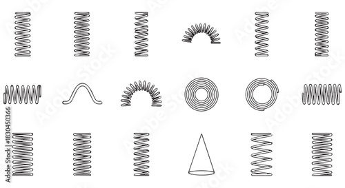 Assortment of Metal Spring Shapes, Including Helical, Conical, and Arched Forms, Depicted in Black and White Line Art