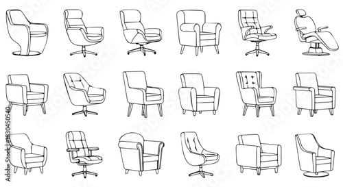 A Line Art Collection of Armchair and Chair Designs, Perfect for Furniture Catalogs and Interior Design Illustrations