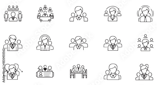 Set of black and white line art icons representing business meetings, leadership and teamwork conceptual of corporate strategy