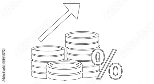 Stylized Line Drawing Illustrating Increasing Financial Growth with Coin Stacks, Upward Arrow, and Percentage Symbol Indicating Profitability