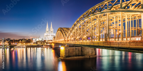 Panoramic of Bridge and cathedral at night, Cologne