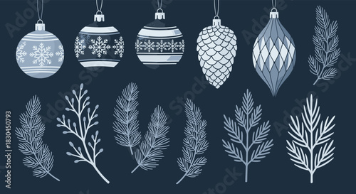 Elegant winter holiday design set with Christmas ornaments including snowflakes and pinecones, alongside various detailed evergreen sprigs.
