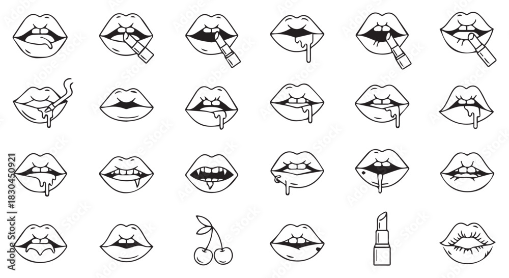 Fototapeta premium Variety of Illustrated Lips with Different Styles and Emotions in Black and White Color Theme Graphic Resource