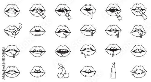 Variety of Illustrated Lips with Different Styles and Emotions in Black and White Color Theme Graphic Resource