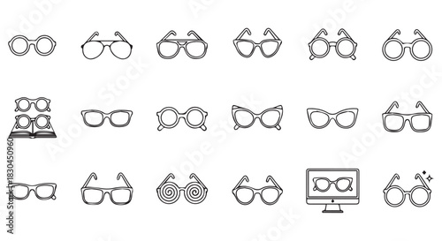 Outline Icon Set Featuring Various Style Eyeglasses, Displayed with a Clean Aesthetic and Variety of Lens Shapes and Frame Designs