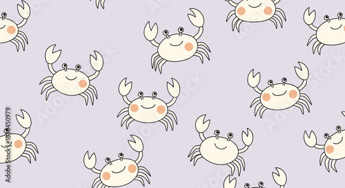 Seamless pattern of happy cartoon crabs with pink cheeks on a light lavender background, perfect for children's designs or fabric.