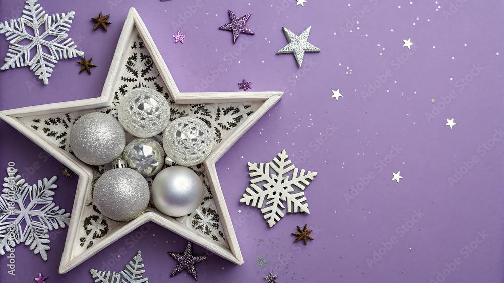 Obraz premium A star-shaped bowl holds shiny silver and white ornaments, surrounded by silver snowflakes and small purple stars on a purple background