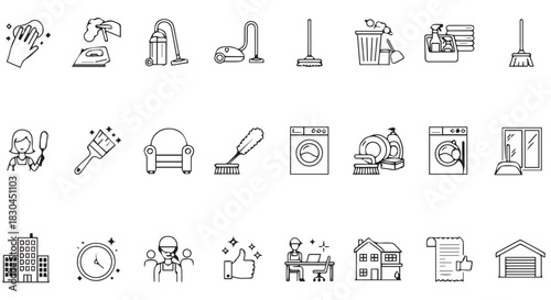 A set of outline icons related to the cleaning industry and home and office maintenance services are shown