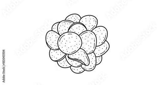 Black and white outline drawing depicting a spherical arrangement of individual potato chips or crispy snacks.