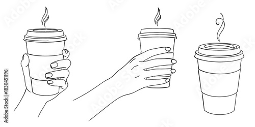 線画のテイクアウトコーヒーカップを持つ手（湯気）,カフェ,ブレイクタイム,ホットドリンク,紙コップ,シンプル,ベクター