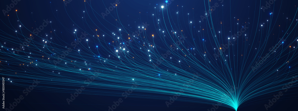 Fototapeta premium Glowing fiber-optic inspired data flow bursting outward, representing high-speed communication, big data transfer, AI networks, and advanced digital connectivity.