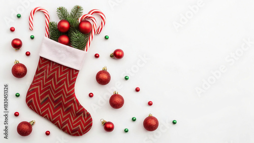 A red and white stocking sits on a clean surface, filled with green pine branches, red ornaments, and striped candy canes. Green and red baubles surround the stocking on a white background 