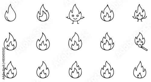 Multiple Flame Vector Graphics Depicting Different Stages of Burning or Different Styles in a Patterned Layout Design