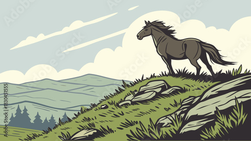 A horse standing on a grassy hill overlooking distant mountains and a cloudy sky in a stylized scene