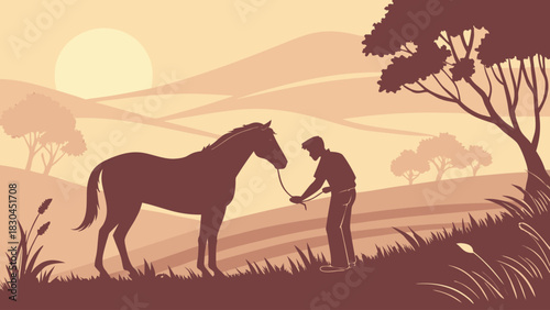 Silhouette of a man holding a horse in a field with trees and a sun in the background scene setting