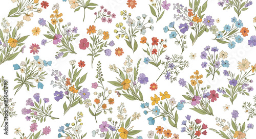 Delicate and vibrant seamless pattern of scattered colorful wildflowers and green foliage on a white background, evoking a fresh spring meadow.