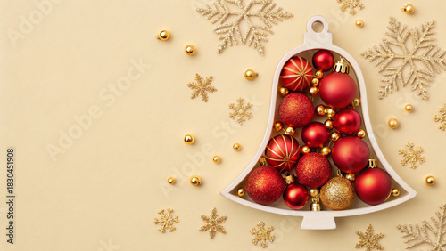 Bright red and gold Christmas ornaments fill a white decorative bell, surrounded by golden beads and snowflakes on a light backdrop