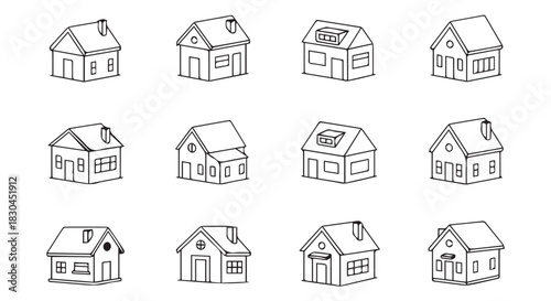 Simple architectural drawings featuring an array of twelve unique house outlines against a clean white backdrop in a creative composition