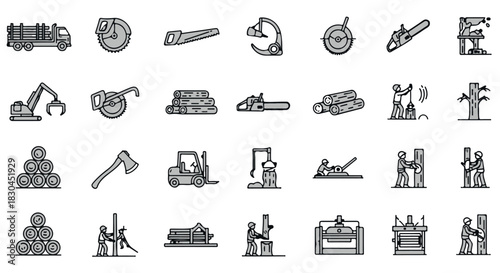 Lumberjack Vector Icons Set, Featuring Various Tools and Actions, Includes Log Transportation, Cutting Trees, Processing Wood, and Equipment Used for Lumber Activities