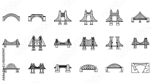 Collection of Bridge Vector Icons Representing Various Architectural Styles and Designs for Transportation Over Waterways and Land Features