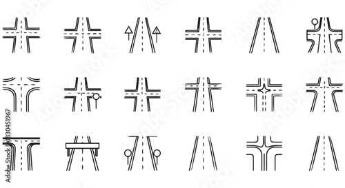 Road Intersection Graphics Collection, Showing Various Types of Road Junctions, Interchanges, and Lane Configurations, in Linear Stylized Drawings