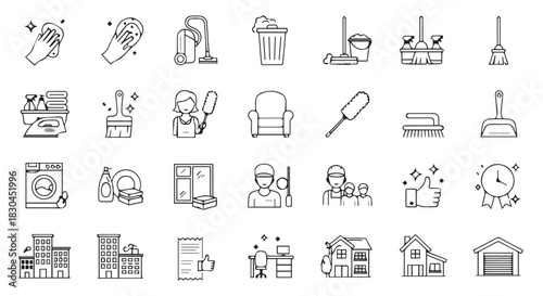 A collection of cleaning and home maintenance icons, showing various tools and services, all in a minimalistic line art style