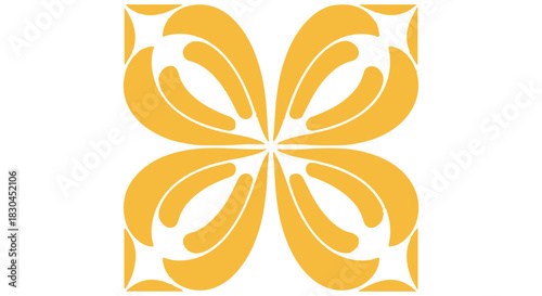 Abstract mustard colored floral tile with white background, geometric arrangement creating a symmetrical square, centered and aesthetically pleasing