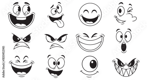Collection of Twelve Cartoon Faces Displaying a Range of Emotions from Joyful Exuberance to Menacing Anger in Black and White
