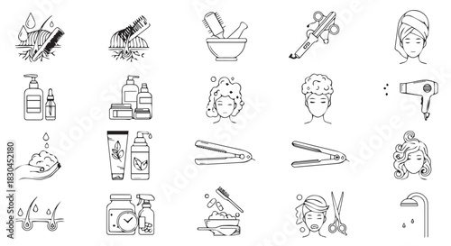 Collection of Beauty and Hair Care Icons Representing Various Products and Treatments in a Stylized Black and White Design