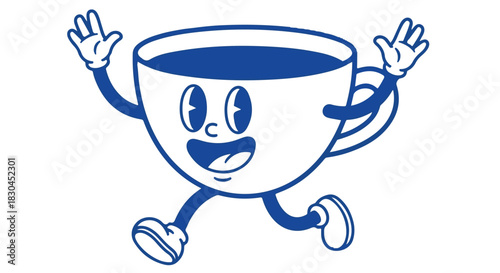 Retro Cartoon Cup of Coffee with a Cheerful Expression and Anthropomorphic Features on a White Background