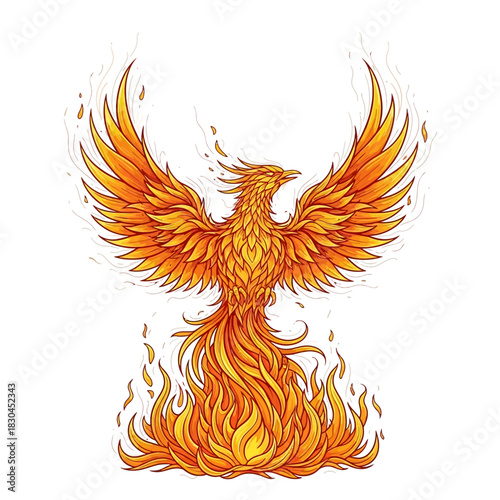 Vibrant illustration of a majestic firebird, embodying renewal, power, and transformation, rising dynamically from brilliant flames
