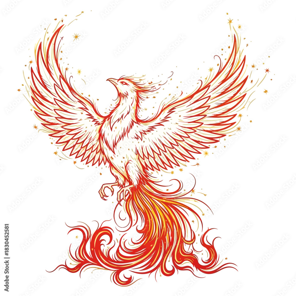 Obraz premium Fiery Phoenix Illustration Majestic Mythical Bird Rising from Ashes with Flames
