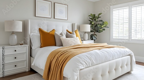 Serene bedroom interior features bright white bedding accented with rich gold textiles