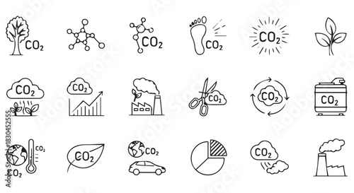 Illustrative Icons Representing Carbon Dioxide Emissions and Reduction Strategies for Promoting Environmental Sustainability Awareness