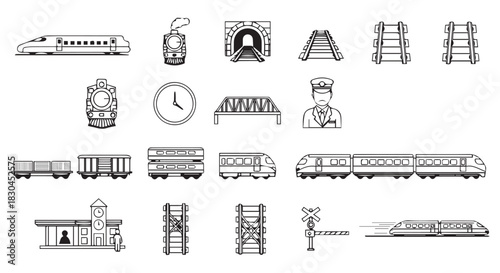 Collection of Train and Railway Themed Line Art Icons Including Engines, Tracks, Bridges, Personnel, and Infrastructure Elements