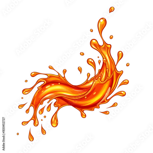 Swirling orange juice splash with glossy drops, illustrating a vibrant concept of freshness and energy